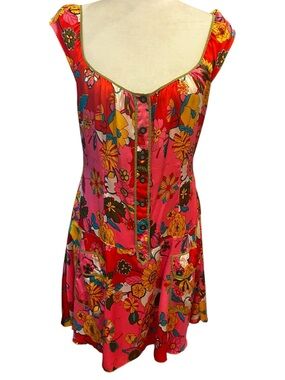 Free People Silk Pink Floral Button-Front Mini Dress